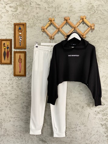  MANİFEST CROP KESİM HOODİE (SİYAH)