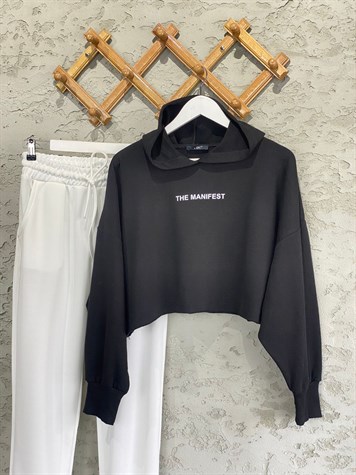  MANİFEST CROP KESİM HOODİE (SİYAH)