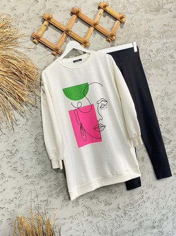  Minimal Yüz Çizgili Ren Bloklu Tunik Sweat (Ekru)
