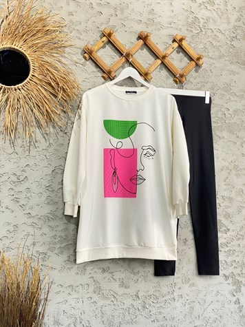  Minimal Yüz Çizgili Ren Bloklu Tunik Sweat (Ekru)