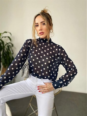 	Puantiye Desenli Fular Detaylı Bluz (Lacivert)