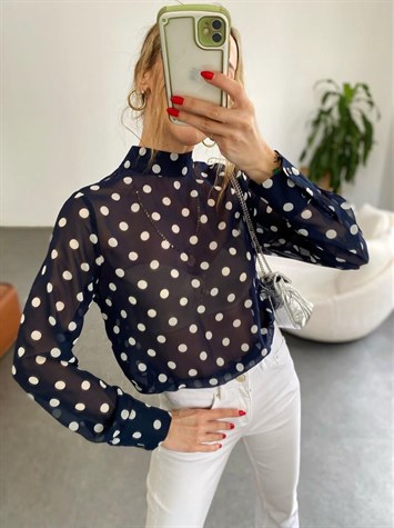 	Puantiye Desenli Fular Detaylı Bluz (Lacivert)