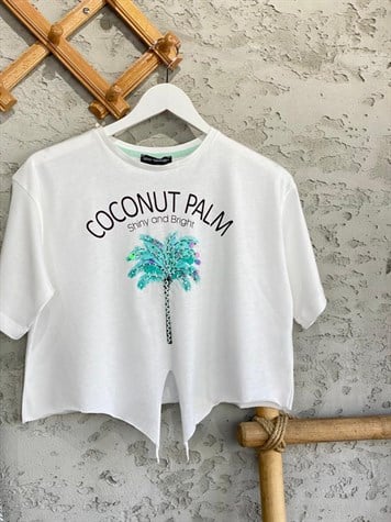 Palmiye Baskılı Boncuklu T-shirt (Beyaz)