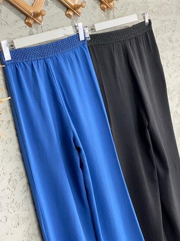 Aerobin Kumaş Örgü Bel Bol Paça Pantolon (Saks Mavi)