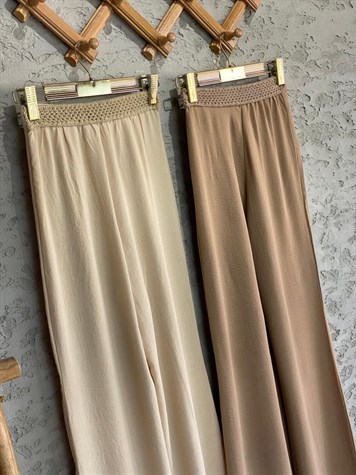 Aerobin Kumaş Örgü Bel Bol Paça Pantolon (Taş)