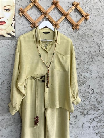 Gofre Dokuma Boncuk Kemerli Oversize Gömlek Ve Pantolon Takım (Mint)