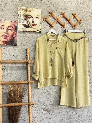 Gofre Dokuma Boncuk Kemerli Oversize Gömlek Ve Pantolon Takım (Mint)