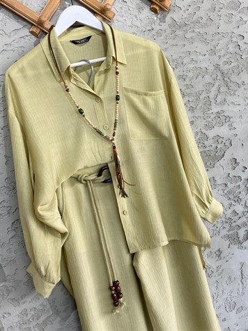 Gofre Dokuma Boncuk Kemerli Oversize Gömlek Ve Pantolon Takım (Mint)