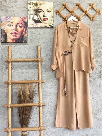 Gofre Dokuma Boncuk Kemerli Oversize Gömlek Ve Pantolon Takım (Pudra)