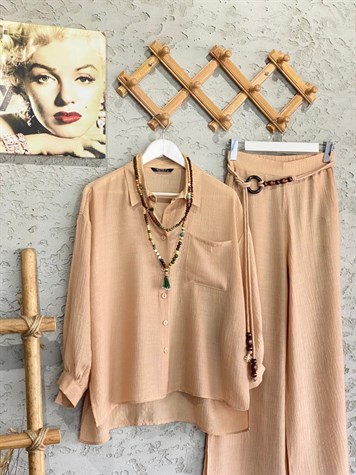 Gofre Dokuma Boncuk Kemerli Oversize Gömlek Ve Pantolon Takım (Pudra)