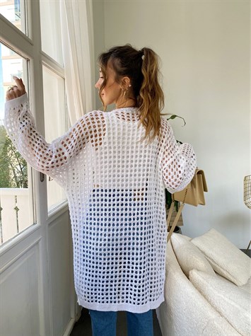 Ajurlu Merserize Triko Örme Hırka (Beyaz)