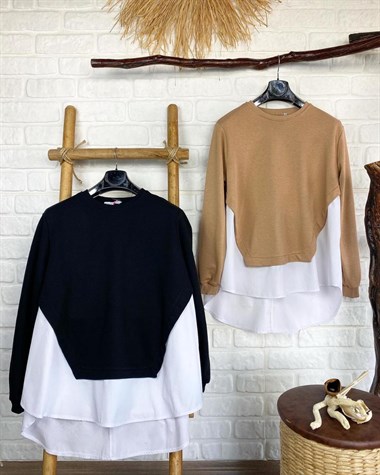 Altı Coton Kumaş Üstü İkiiplik Sweat Kumaş Sweatshirt (CAMEL & SİYAH)