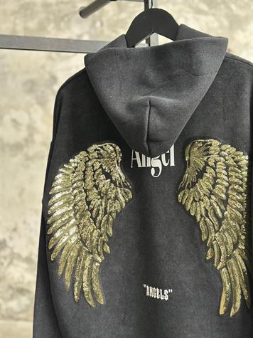 Angel Yazı Baskılı Sırtı Pul Payet İşçilikli Taş Yıkama Sweat (Antrasit)