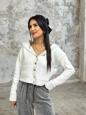 Angora Gold Düğmeli Kapüşonlu Hırka (Beyaz)