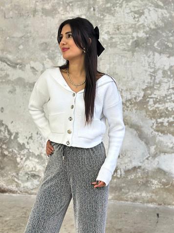 Angora Gold Düğmeli Kapüşonlu Hırka (Beyaz)