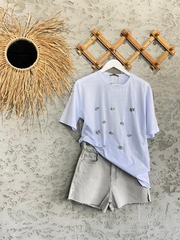 Arı Figürlü Kristal Taşlı Tshirt (Siyah/Beyaz)