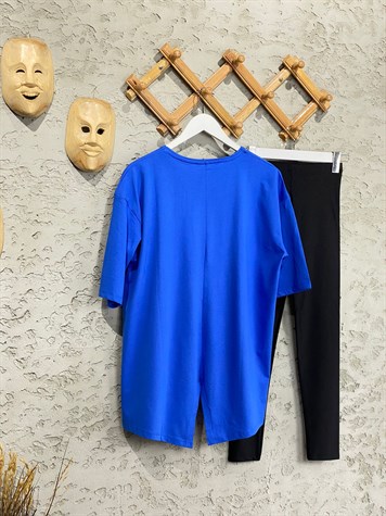 Arkası Yırtmaçlı Tunik Salaş Tshirt (Saks Mavi)