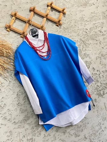 Arma Detaylı V Yaka Süveter (Saks Mavi)