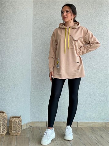 Arma Detaylı Yırtık Sweat (Camel)