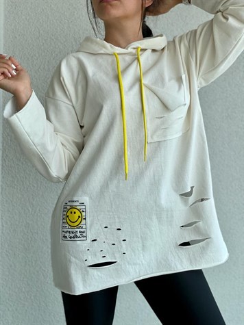 Arma Detaylı Yırtık Sweat (Ekru)