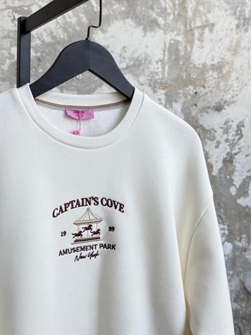 Atlı Karınca Figürlü Yazı Nakışlı Oversize Sweatshirt (Ekru)