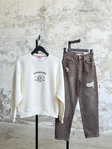 Atlı Karınca Figürlü Yazı Nakışlı Oversize Sweatshirt (Ekru)