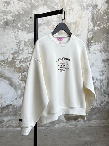 Atlı Karınca Figürlü Yazı Nakışlı Oversize Sweatshirt (Ekru)