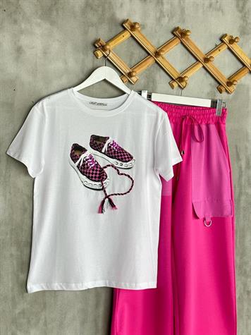 Ayakkabı Desenli Kristal Taş Ve Boncuk İşlemeli Tişört (Beyaz)