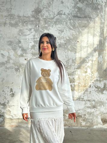 Ayıcık Baskılı Kadın Sweat (Beyaz)