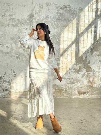 Ayıcık Baskılı Kadın Sweat (Beyaz)