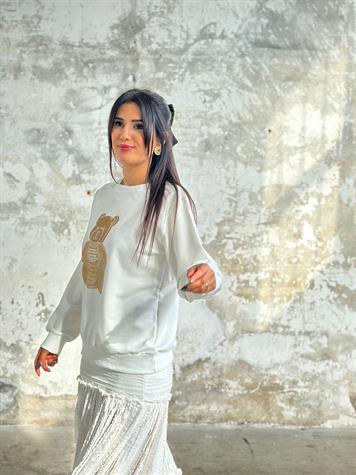 Ayıcık Baskılı Kadın Sweat (Beyaz)