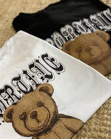 Ayıcık Taş İşçilikli  Yanları Yırtmaçlı Tunik Tshirt (BEYAZ)