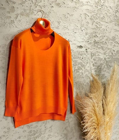 Balıkçı Yaka Pencereli Triko Kazak (Oranj)