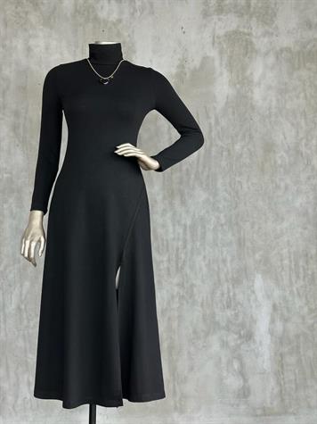 Balıkçı Yaka Yırtmaçlı Kadın Elbise (Siyah)