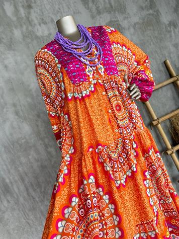 Balon Kol Etnik Desenli Elbise (Oranj)