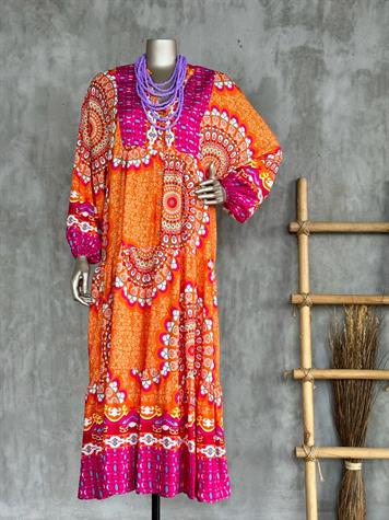 Balon Kol Etnik Desenli Elbise (Oranj)