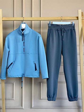 Basic Yazı Detaylı Yumoş Doku Sweat (İndigo)