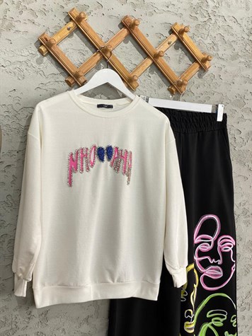 Baskı El İşi Detaylı Taşlı Sweat (Ekru)