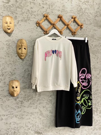 Baskı El İşi Detaylı Taşlı Sweat (Ekru)