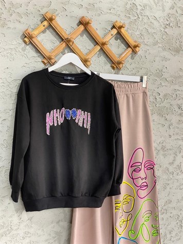 Baskı El İşi Detaylı Taşlı Sweat (Siyah)
