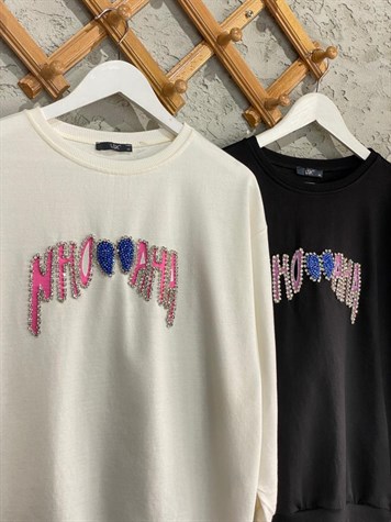 Baskı El İşi Detaylı Taşlı Sweat (Siyah)