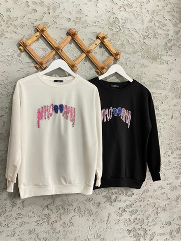 Baskı El İşi Detaylı Taşlı Sweat (Siyah)