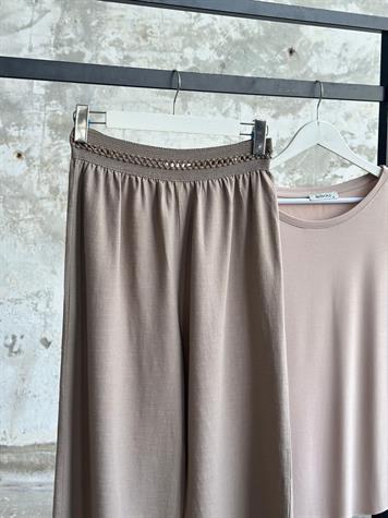 Bel Lastik Nakış Detaylı Organik Pantolon (Kahve)