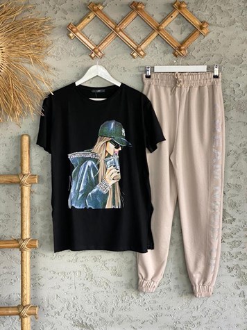 Bel Ve Paça Lastikli Taşlı Jogger Eşofman (Camel)