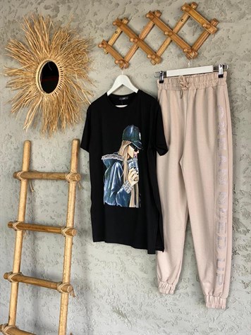 Bel Ve Paça Lastikli Taşlı Jogger Eşofman (Camel)