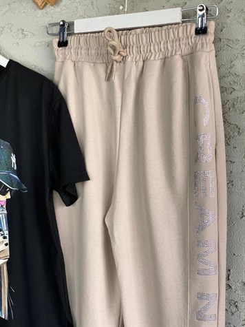 Bel Ve Paça Lastikli Taşlı Jogger Eşofman (Camel)