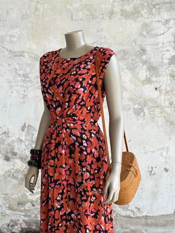 Belden Bağlama Detaylı Çiçekli Maxi Boy Elbise (Turuncu)