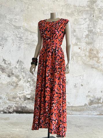 Belden Bağlama Detaylı Çiçekli Maxi Boy Elbise (Turuncu)