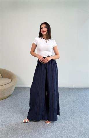 Belden Bağlama Detaylı Kırışık Pantolon (Lacivert)
