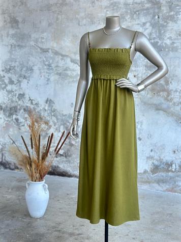 Belden Gipeli Ahşap Boncuklu Elbise (Haki)